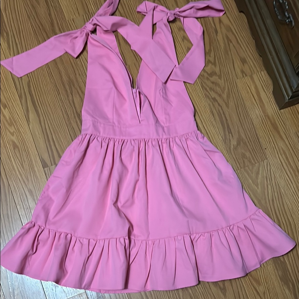 Pink SHEIN Halter Low Cut Dress with Bow Straps 4/S NWOT